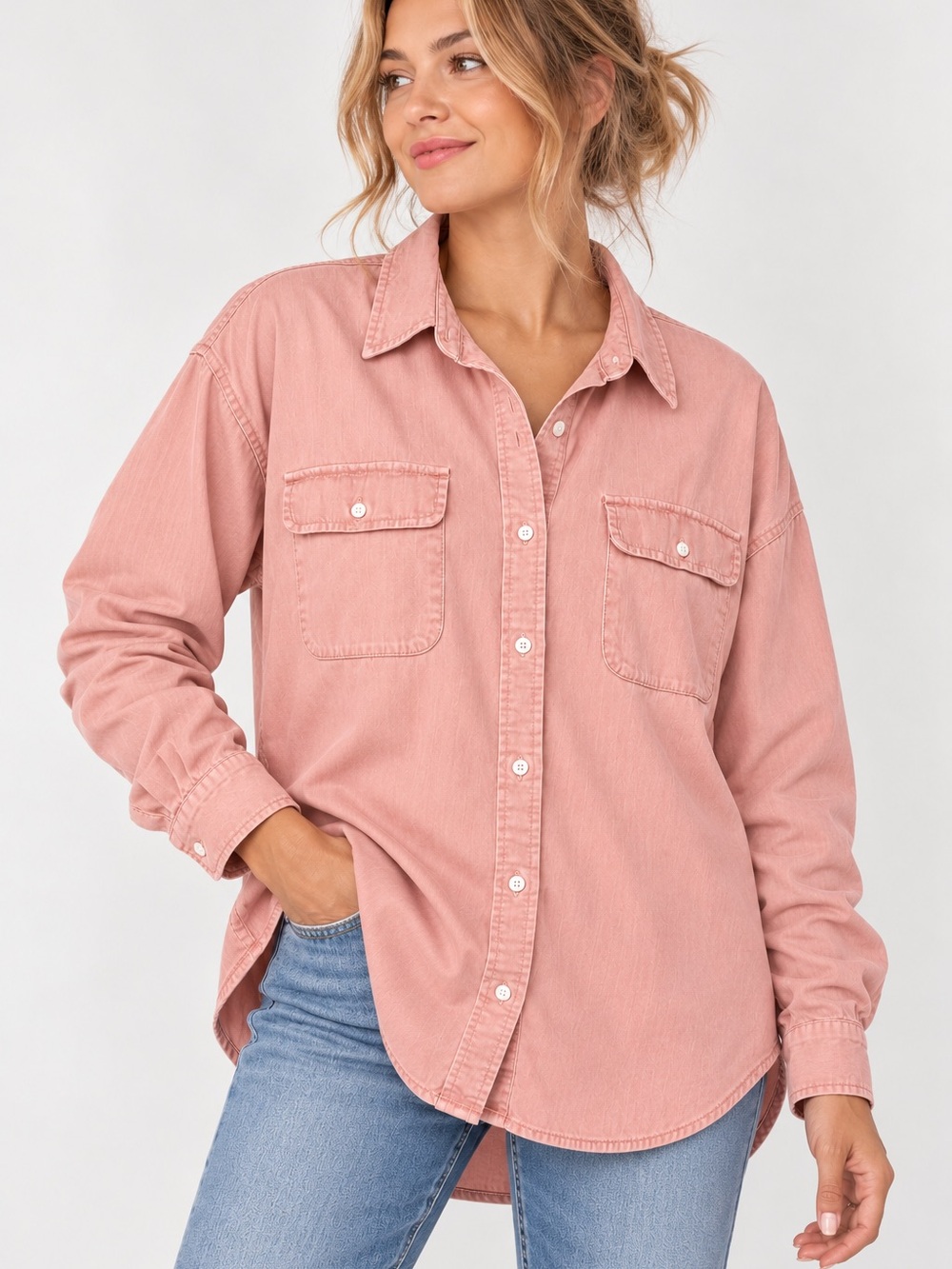 aerie 100% Cotton Oversized Button Front Shirt in Pink -Size M